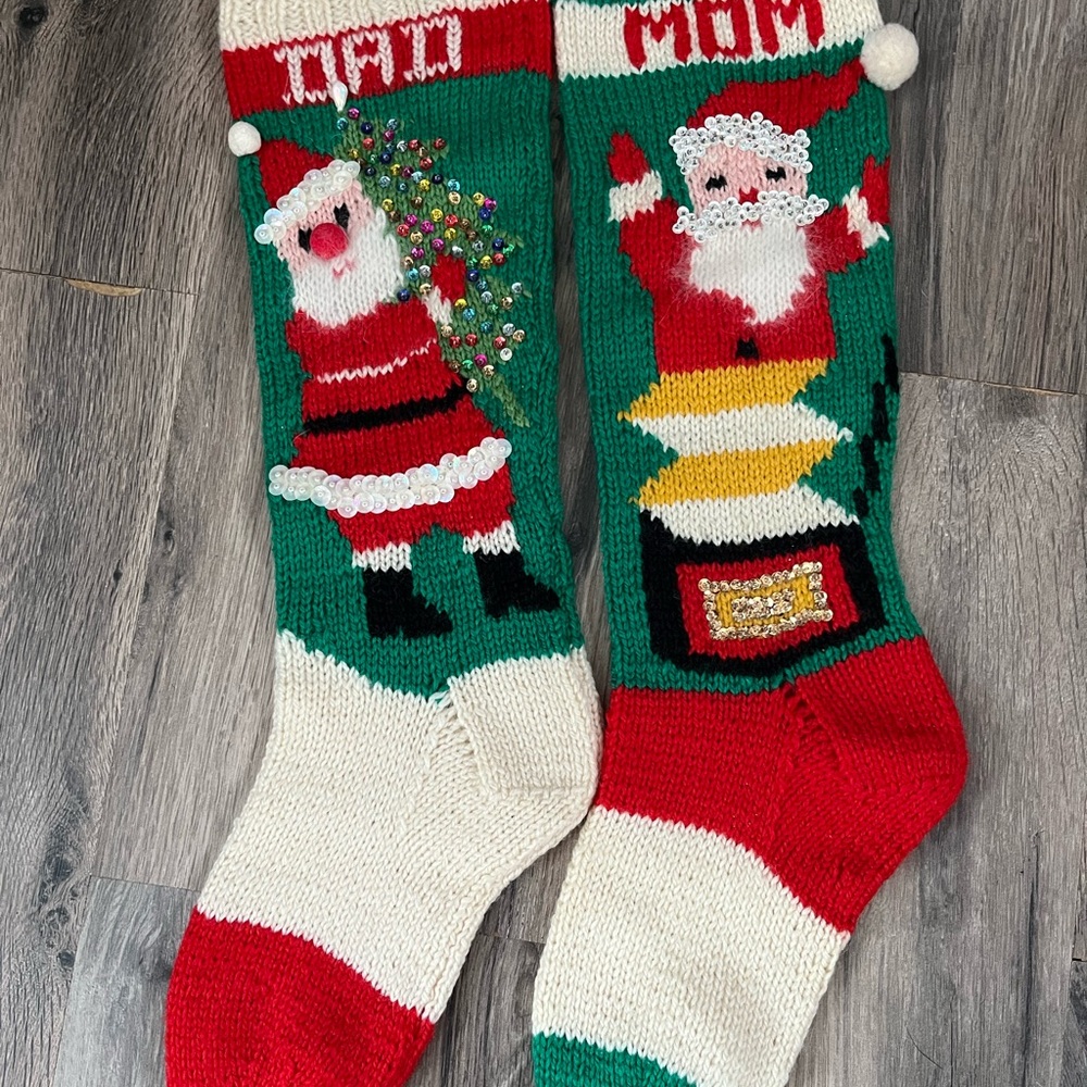 Vintage 60’s Hand Knitted Mom Dad Christmas Stockings Angora Santa InThe Box
